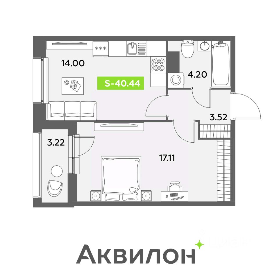1-комнатная, 40.44 м² — ЖК ЖК «Аквилон Ливз (Аквилон Leaves)»
