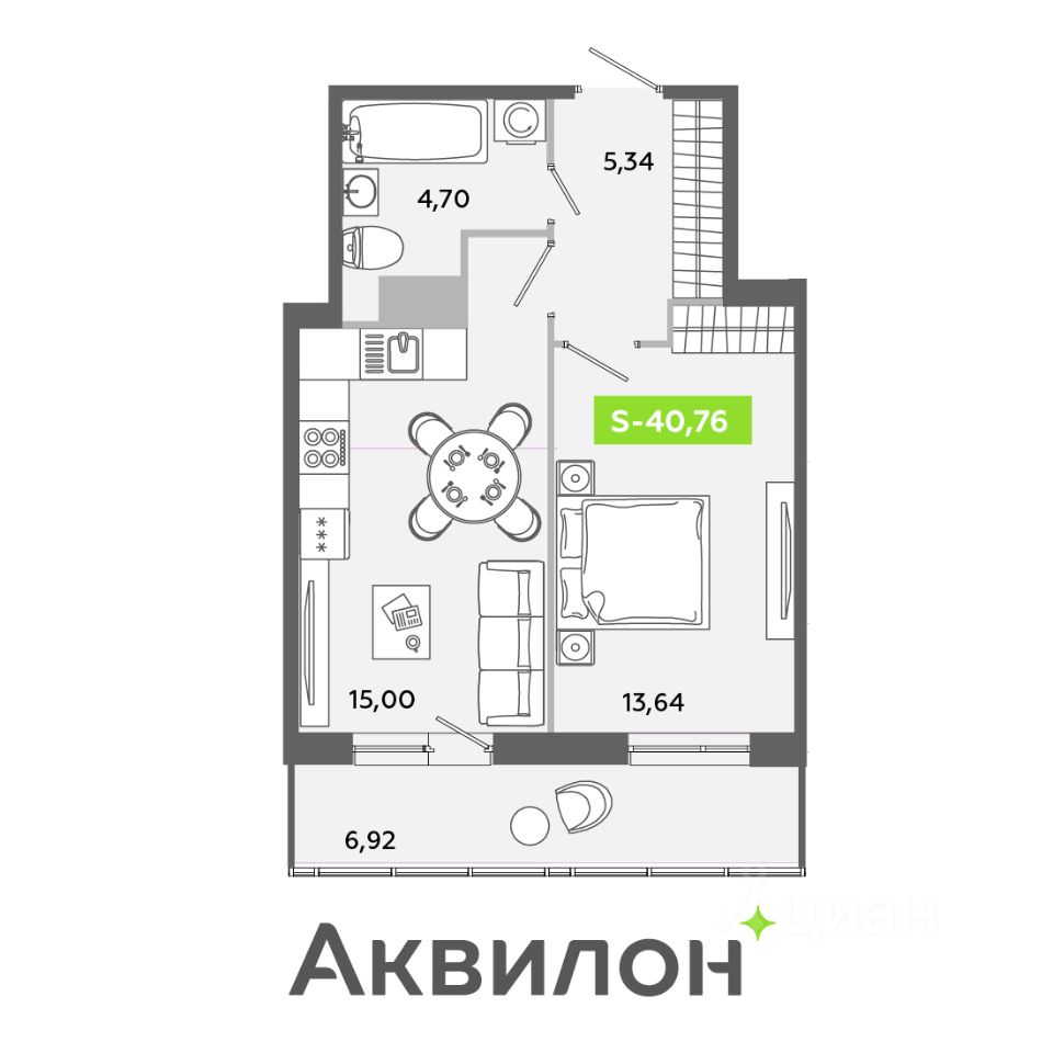 1-комнатная, 40.76 м² — ЖК ЖК «Аквилон ЯНИНО»