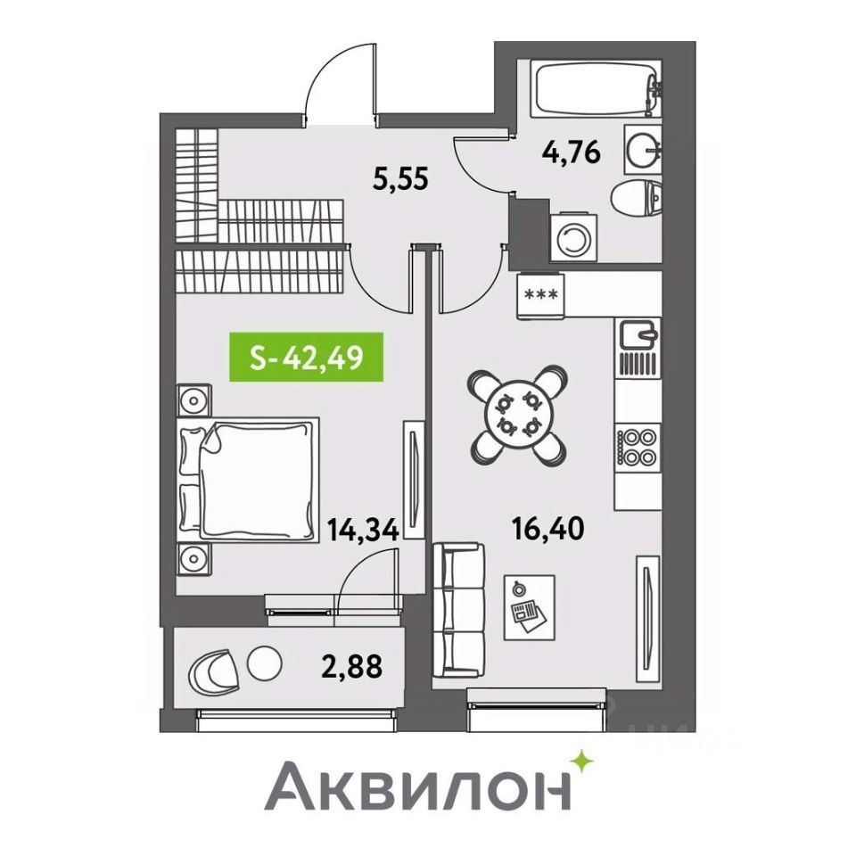 1-комнатная, 42.49 м² — ЖК ЖК «Аквилон Ливз (Аквилон Leaves)»