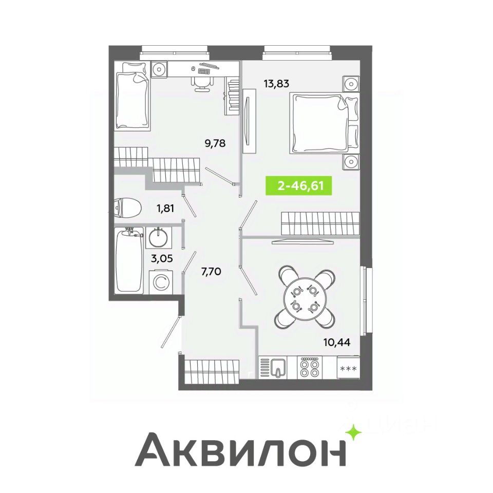 2-комнатная, 46.61 м² — ЖК ЖК «Аквилон ЯНИНО»
