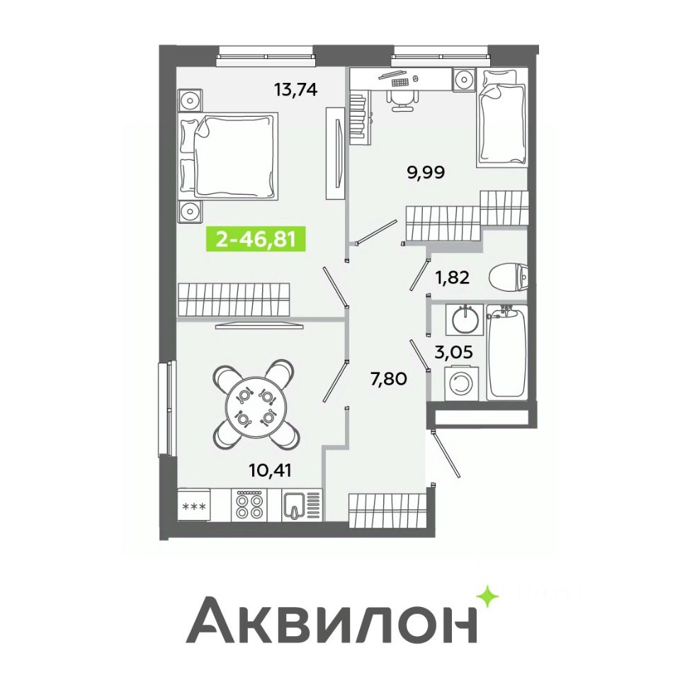 2-комнатная, 46.81 м² — ЖК ЖК «Аквилон ЯНИНО»