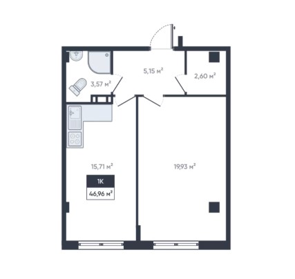 1-комнатная, 46.96 м² — ЖК ЖК «Ромашки»