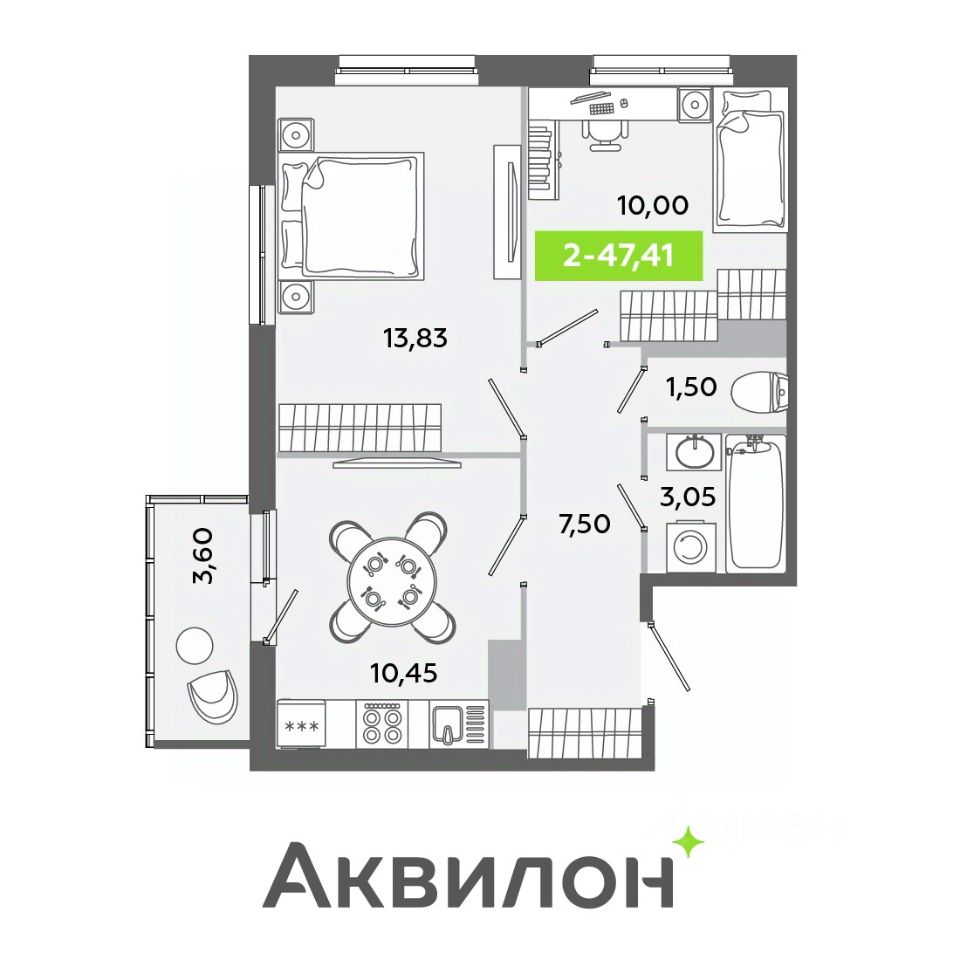 2-комнатная, 47.41 м² — ЖК ЖК «Аквилон ЯНИНО»