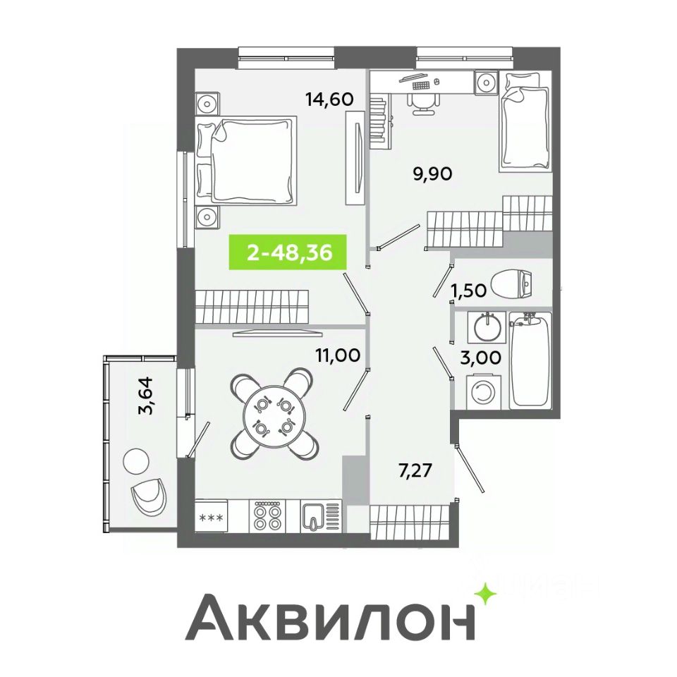 2-комнатная, 48.36 м² — ЖК ЖК «Аквилон ЯНИНО»