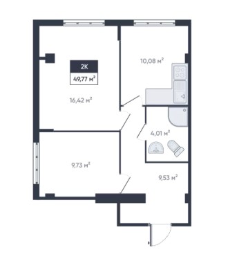 2-комнатная, 49.77 м² — ЖК ЖК «Ромашки»