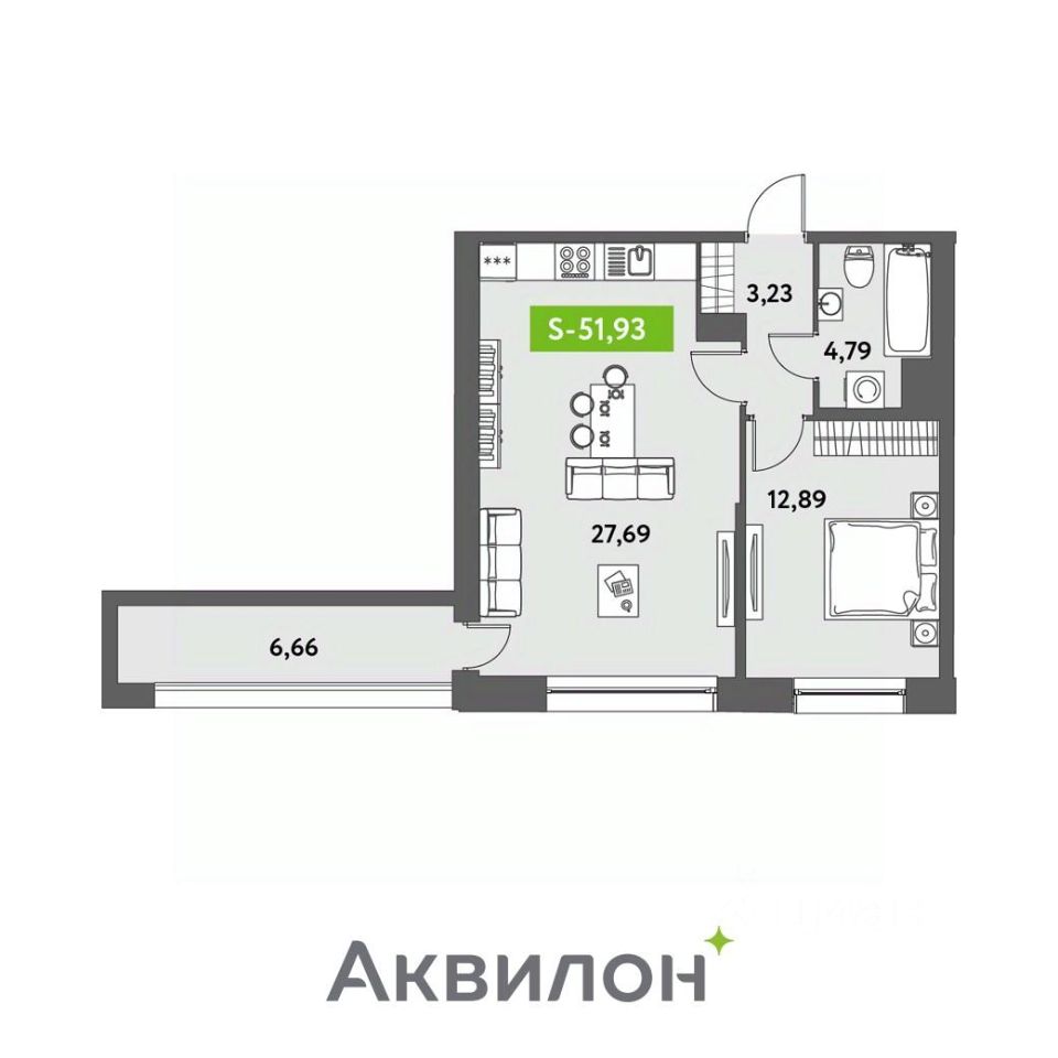 1-комнатная, 51.93 м² — ЖК ЖК «Аквилон Ливз (Аквилон Leaves)»