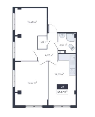 2-комнатная, 54.67 м² — ЖК ЖК «Ромашки»