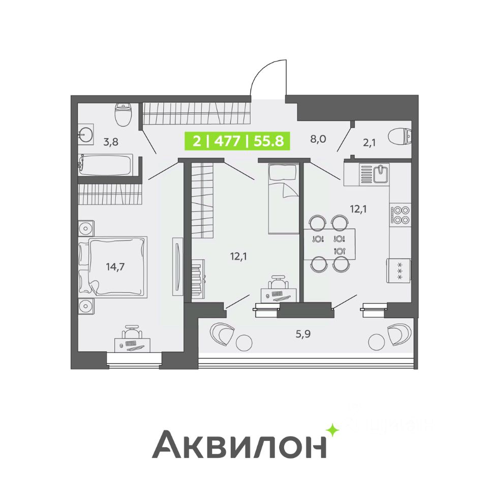 2-комнатная, 55.8 м² — ЖК ЖК «Аквилон ЗАЛИВ (Аквилон ZALIVE)»