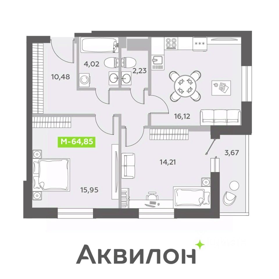 2-комнатная, 64.85 м² — ЖК ЖК «Аквилон ЗАЛИВ (Аквилон ZALIVE)»