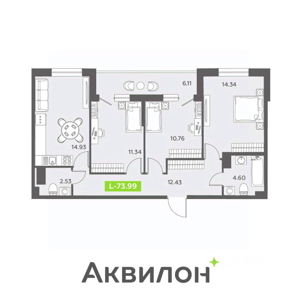 3-комнатная, 73.99 м² — ЖК ЖК «Аквилон ЗАЛИВ (Аквилон ZALIVE)»