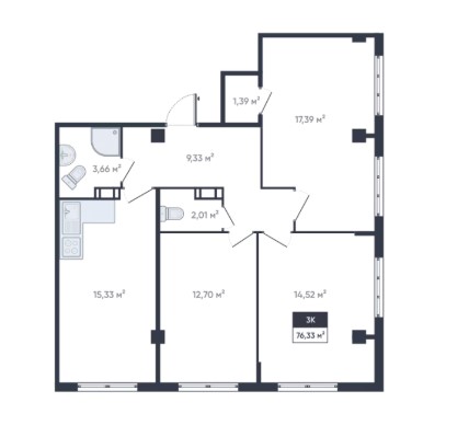 3-комнатная, 76.33 м² — ЖК ЖК «Ромашки»