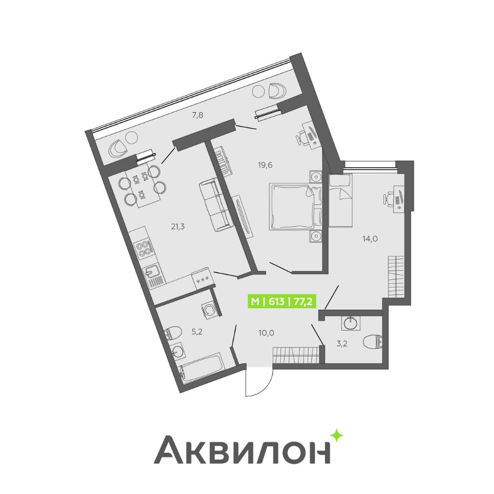 2-комнатная, 77.2 м² — ЖК ЖК «Аквилон ЗАЛИВ (Аквилон ZALIVE)»