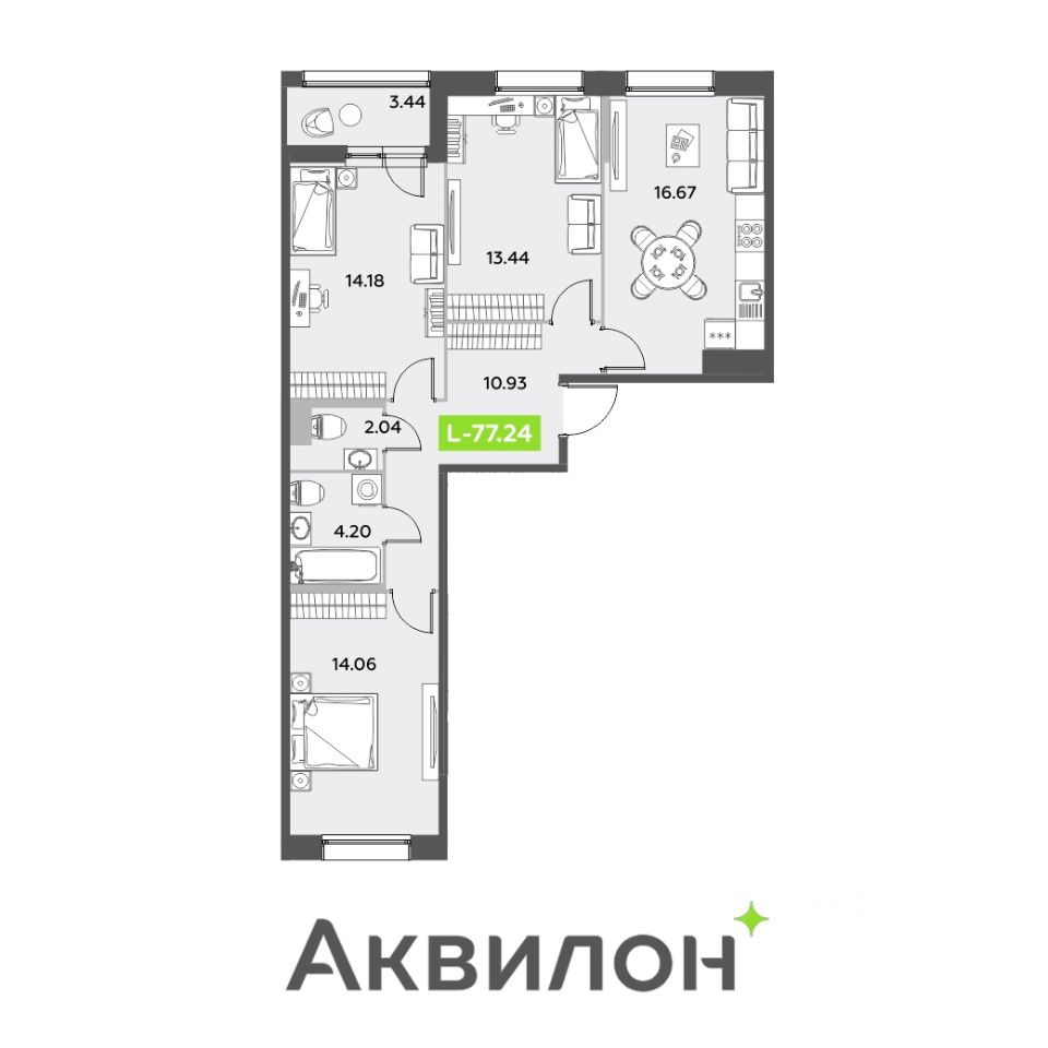 3-комнатная, 77.24 м² — ЖК ЖК «Аквилон Ливз (Аквилон Leaves)»