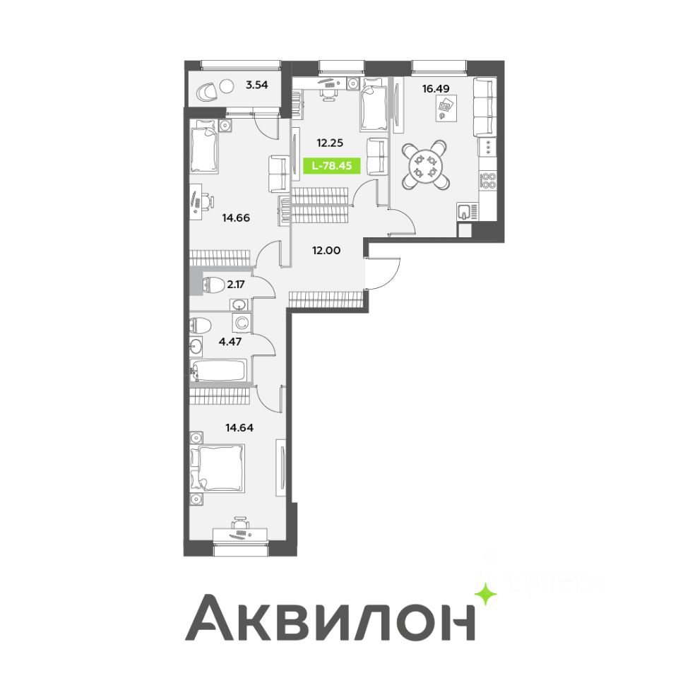 3-комнатная, 78.45 м² — ЖК ЖК «Аквилон Ливз (Аквилон Leaves)»