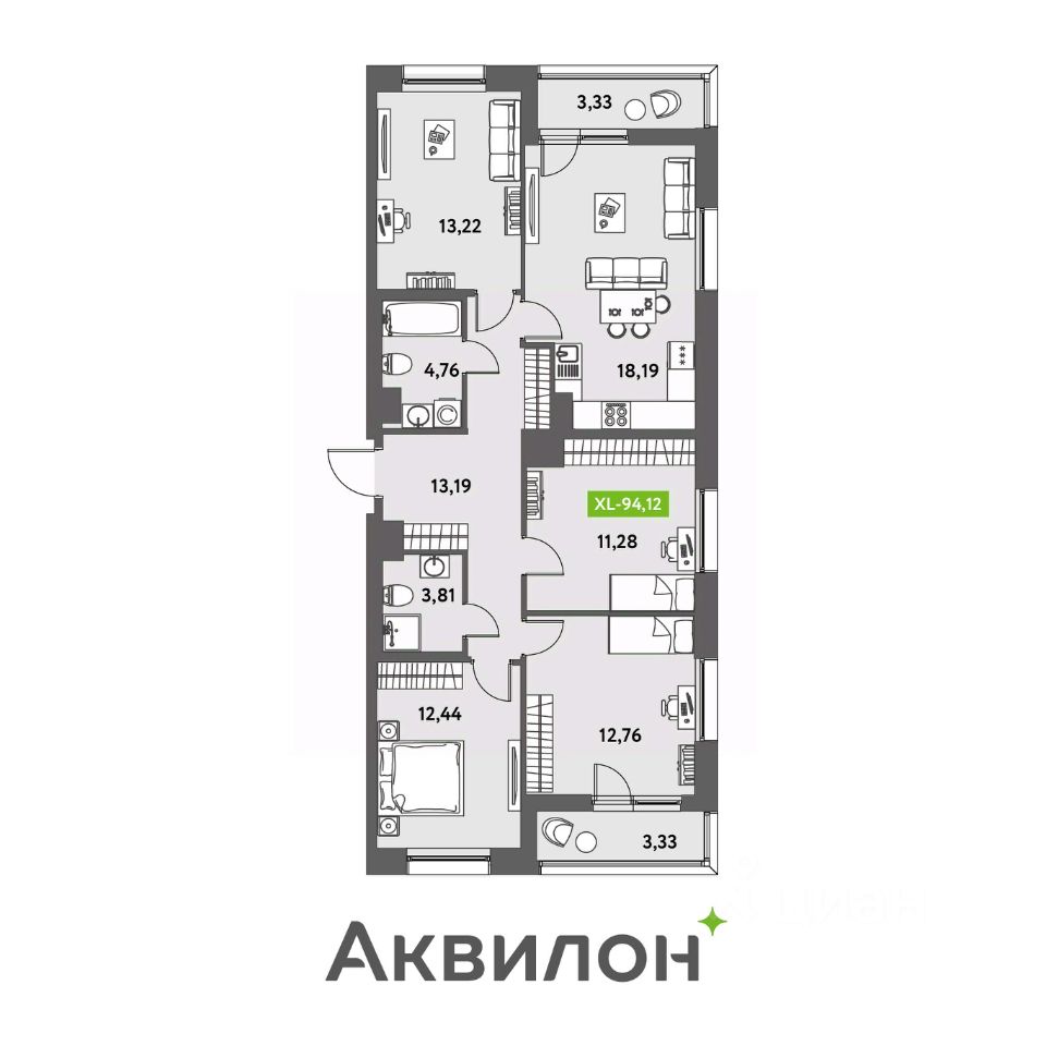 4-комнатная, 92.97 м² — ЖК ЖК «Аквилон Ливз (Аквилон Leaves)»