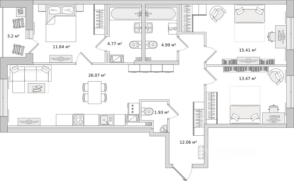 3-комнатная, 93.54 м² — ЖК ЖК Чёрная Речка