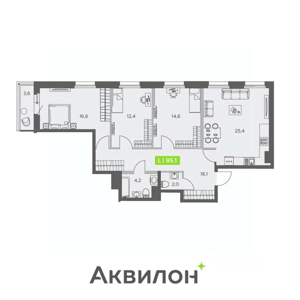 3-комнатная, 95.1 м² — ЖК ЖК «Аквилон ЗАЛИВ (Аквилон ZALIVE)»