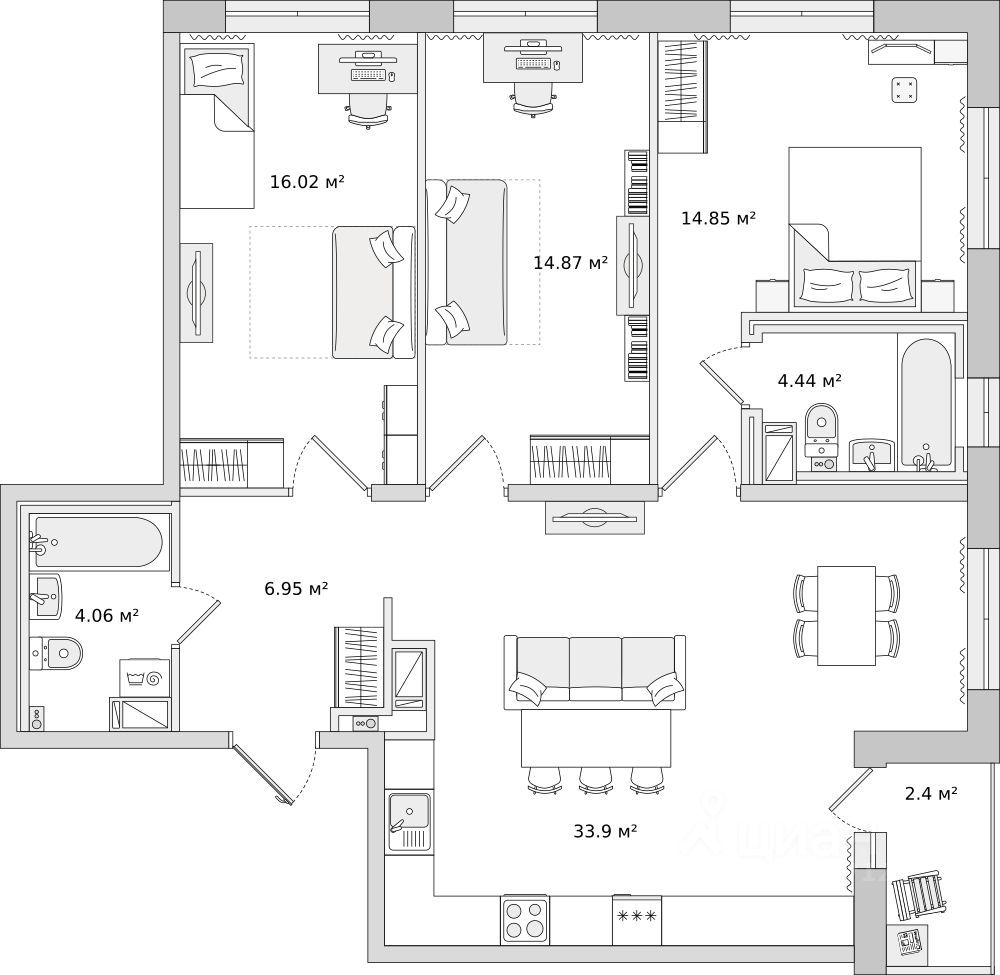 3-комнатная, 97.49 м² — ЖК ЖК Чёрная Речка