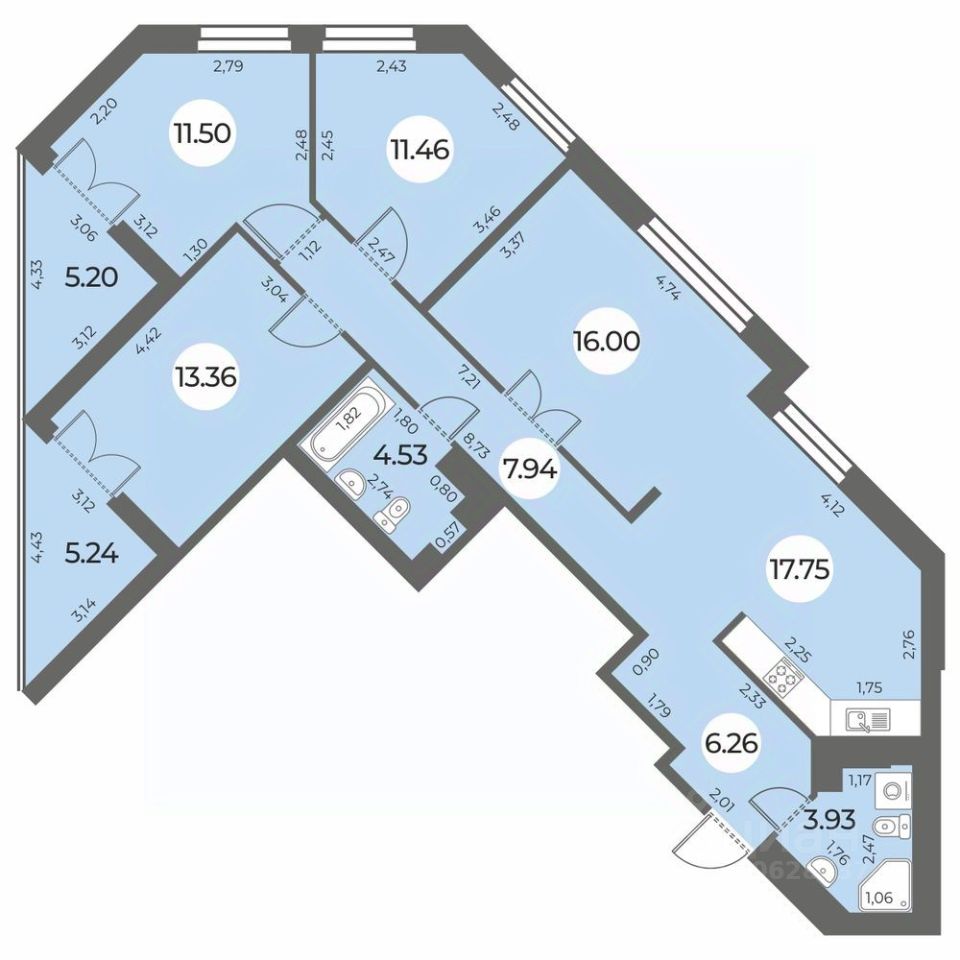 4-комнатная, 97.95 м² — ЖК ЖК «Огни Залива»