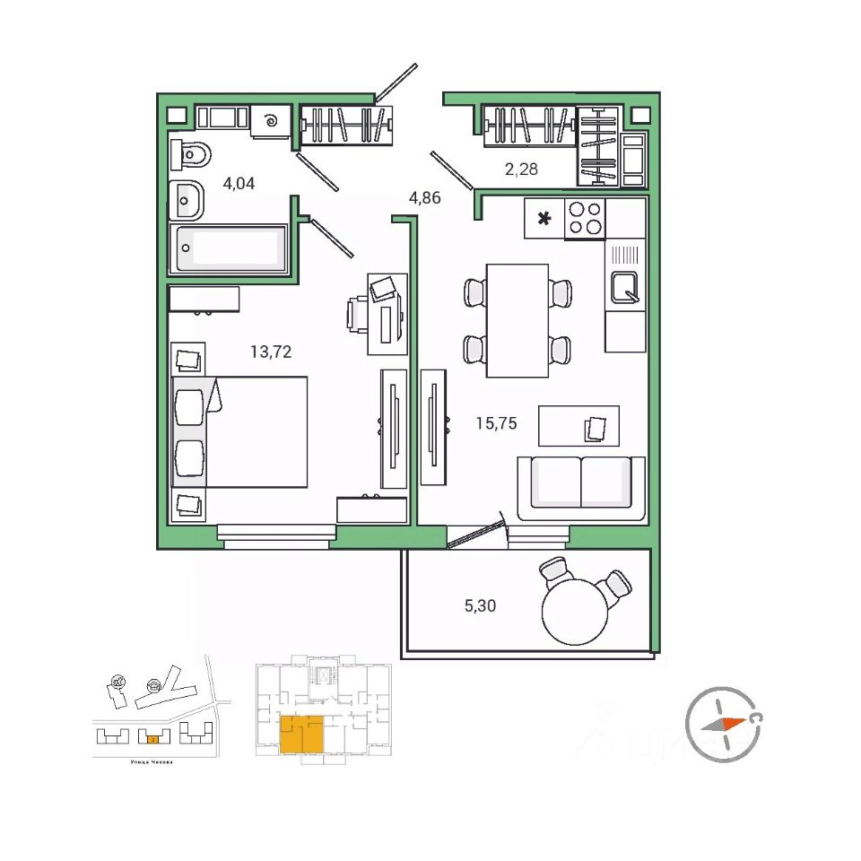 1-комнатная, 42.34 м² — ЖК ЖК Айкью Гатчина(IQ Гатчина)