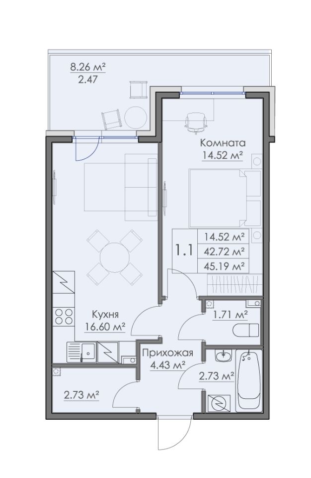 1-комнатная, 45.19 м² — ЖК Жилой квартал Малая Финляндия