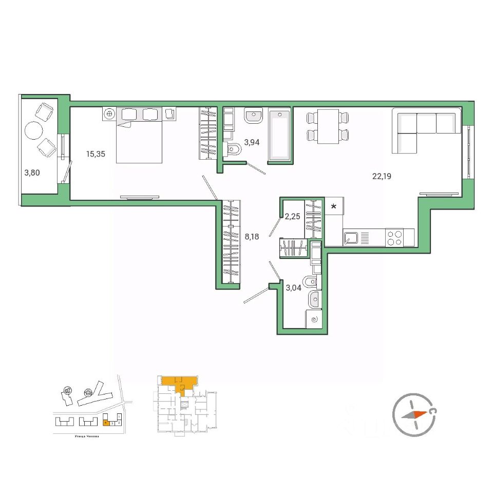 1-комнатная, 57.05 м² — ЖК ЖК Айкью Гатчина(IQ Гатчина)