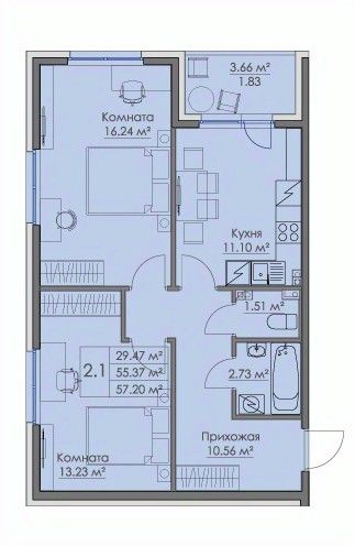 2-комнатная, 57.2 м² — ЖК Жилой квартал Малая Финляндия