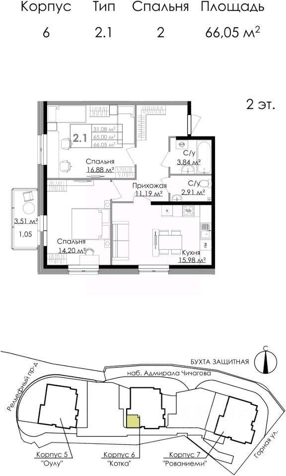 2-комнатная, 66.05 м² — ЖК Жилой квартал Малая Финляндия