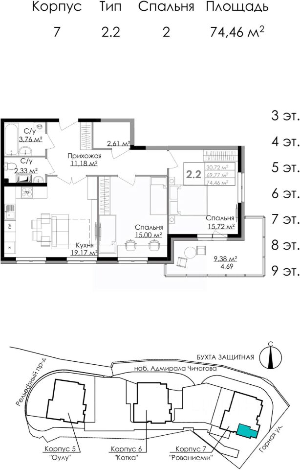 2-комнатная, 74.46 м² — ЖК Жилой квартал Малая Финляндия