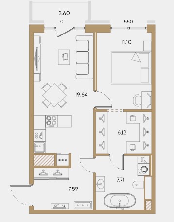 1-комнатная, 52.16 м² — ЖК ЖК Большой 67