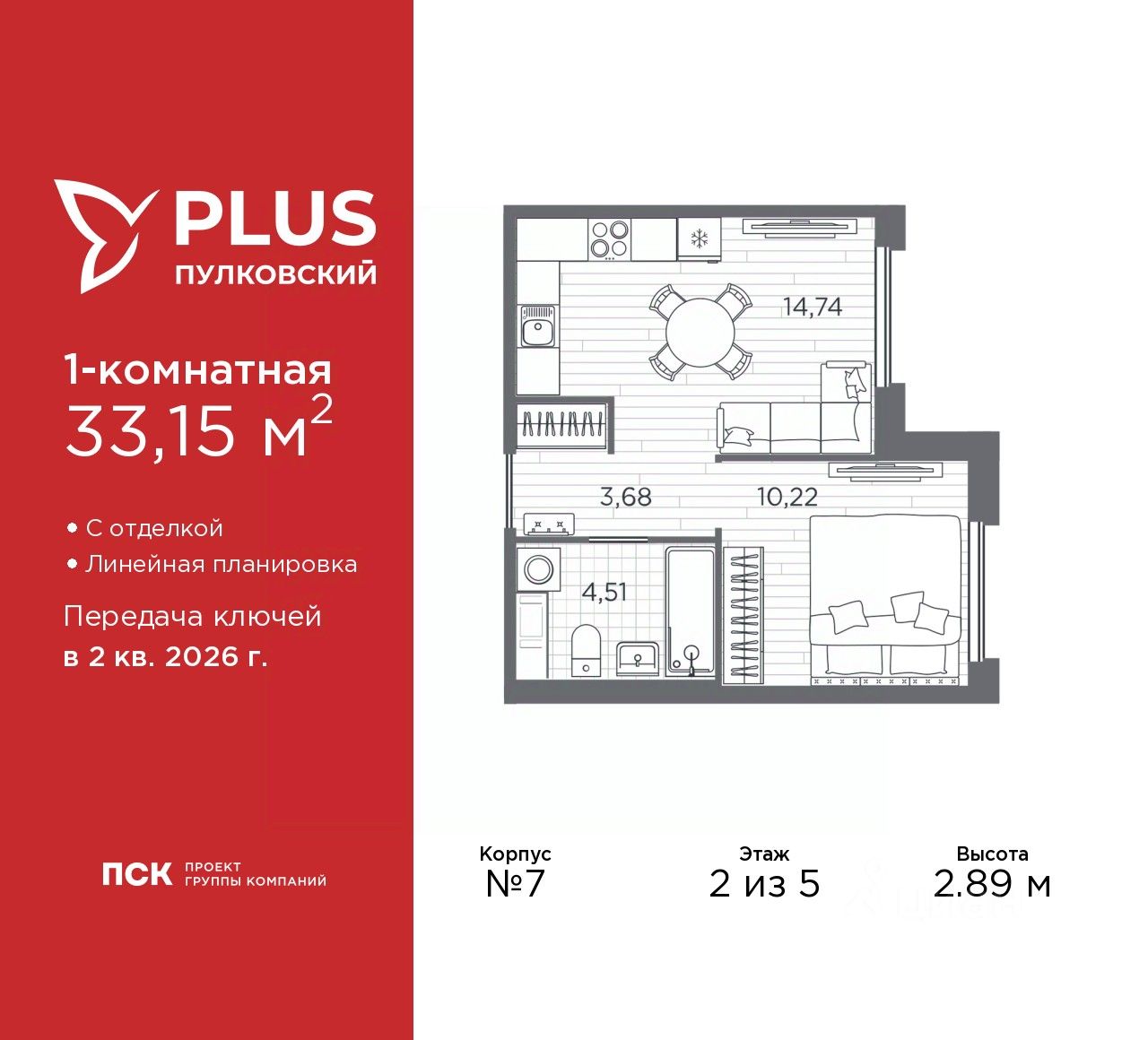 1-комнатная, 33.15 м² — ЖК ЖК «Плюс Пулковский (PLUS Пулковский)»