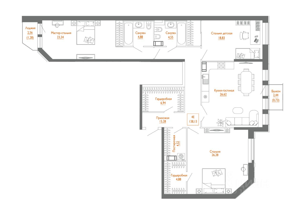 3-комнатная, 136.8 м² — ЖК ЖК «Клубный дом Монодом Лайн (Monodom Line)»