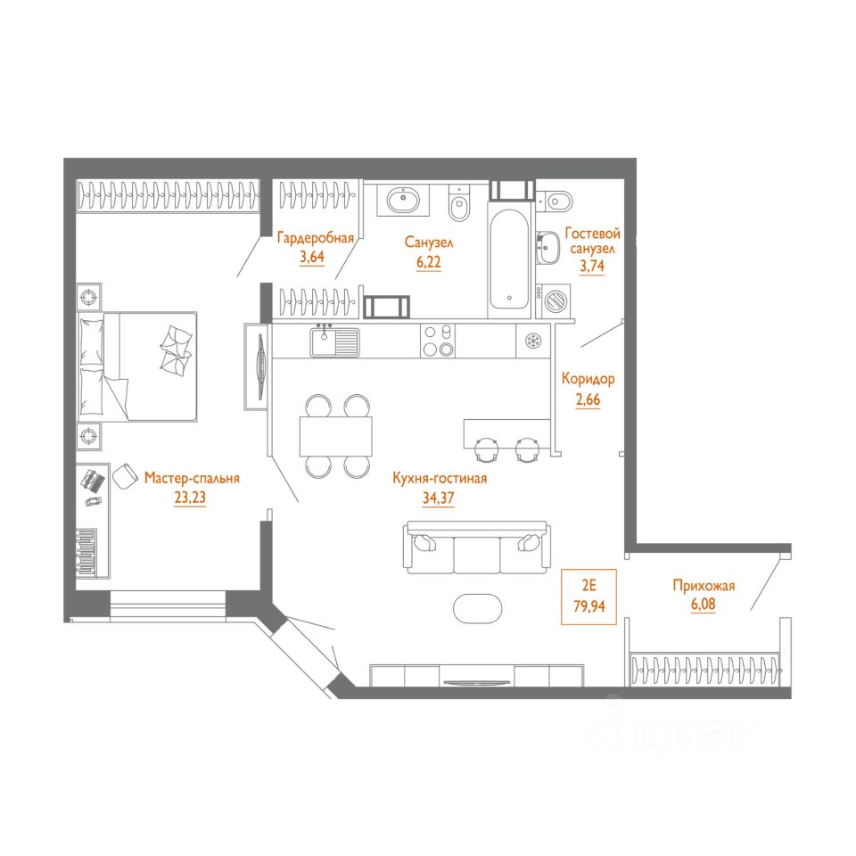 1-комнатная, 80.5 м² — ЖК ЖК «Клубный дом Монодом Лайн (Monodom Line)»