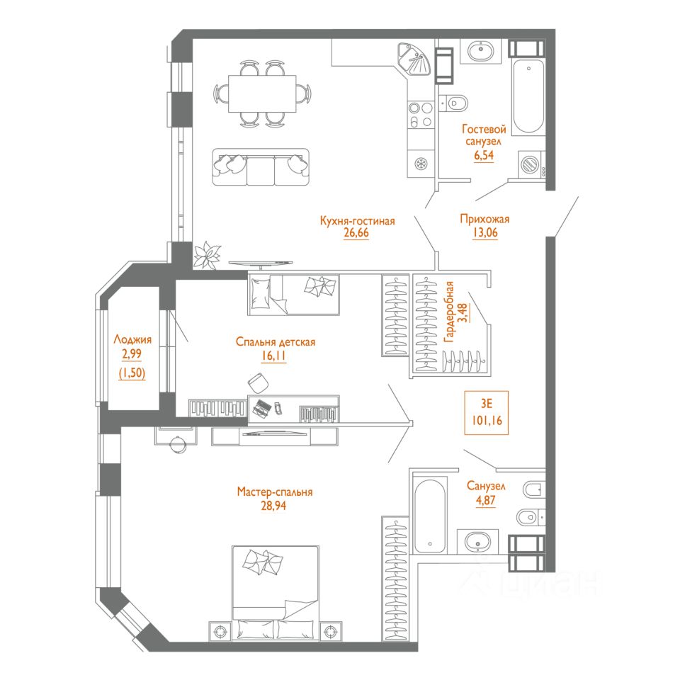 2-комнатная, 99.9 м² — ЖК ЖК «Клубный дом Монодом Лайн (Monodom Line)»